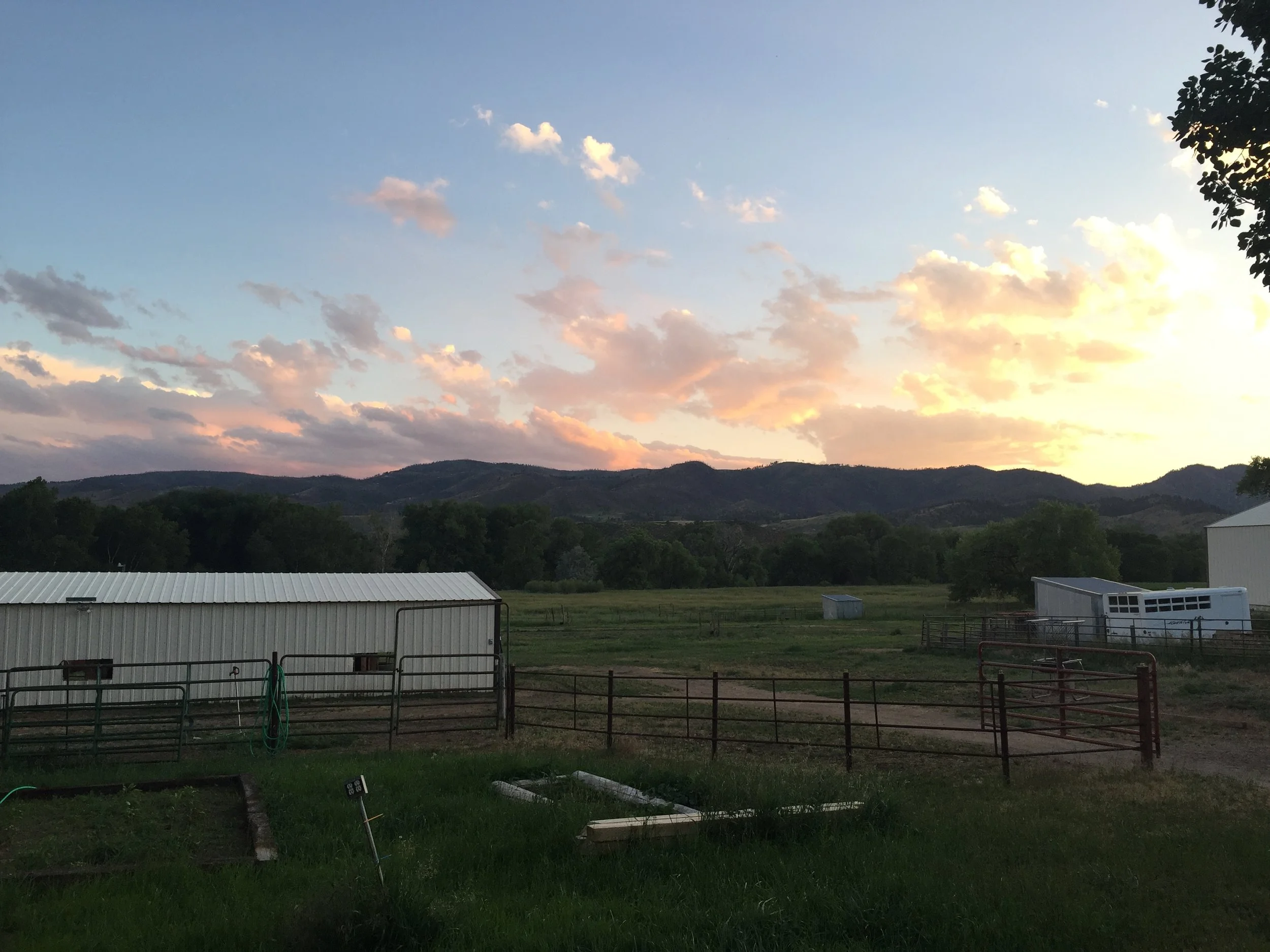 Sunset over the foothills and pastures at Canyon Equine near Fort Collins, Colorado